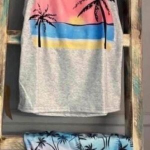 Kids Grey Palm-Print Tank Top with Sunset Stripes